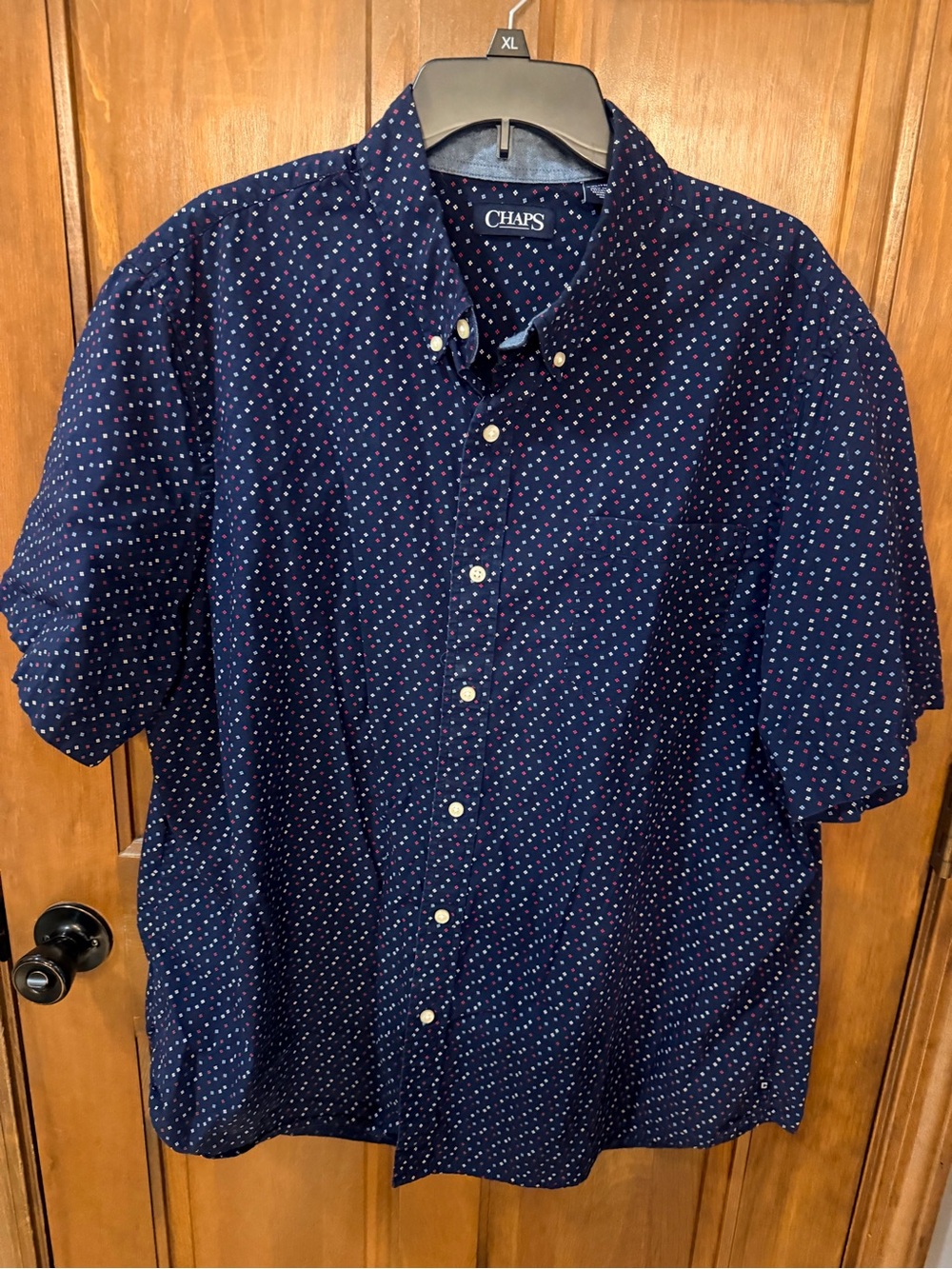 Chaps Men's Navy Button-Down Shirt with Red and White Dot Print
